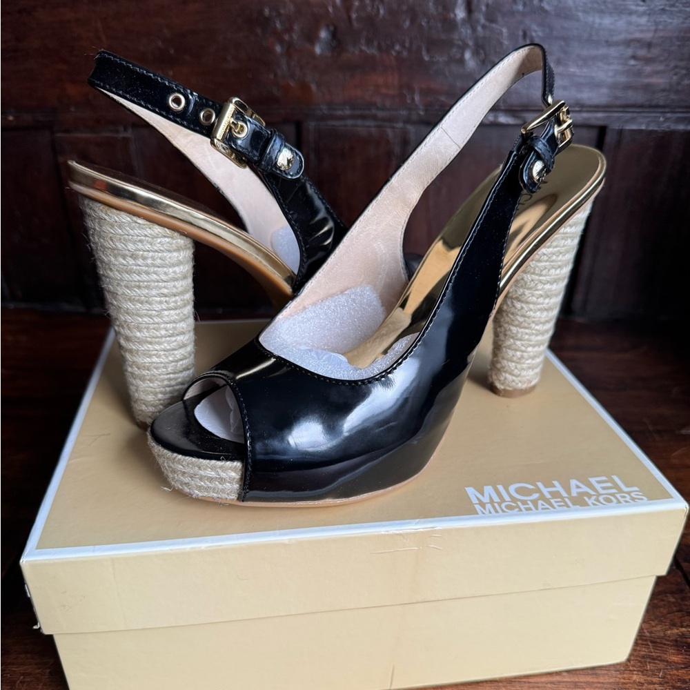 Michael Kors shiny patent Miami espadrille sling backs